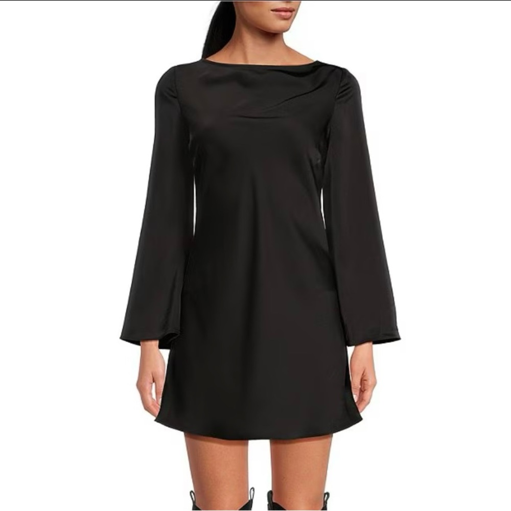 Dionne Satin Boat Neck Long Sleeve Mini Dress